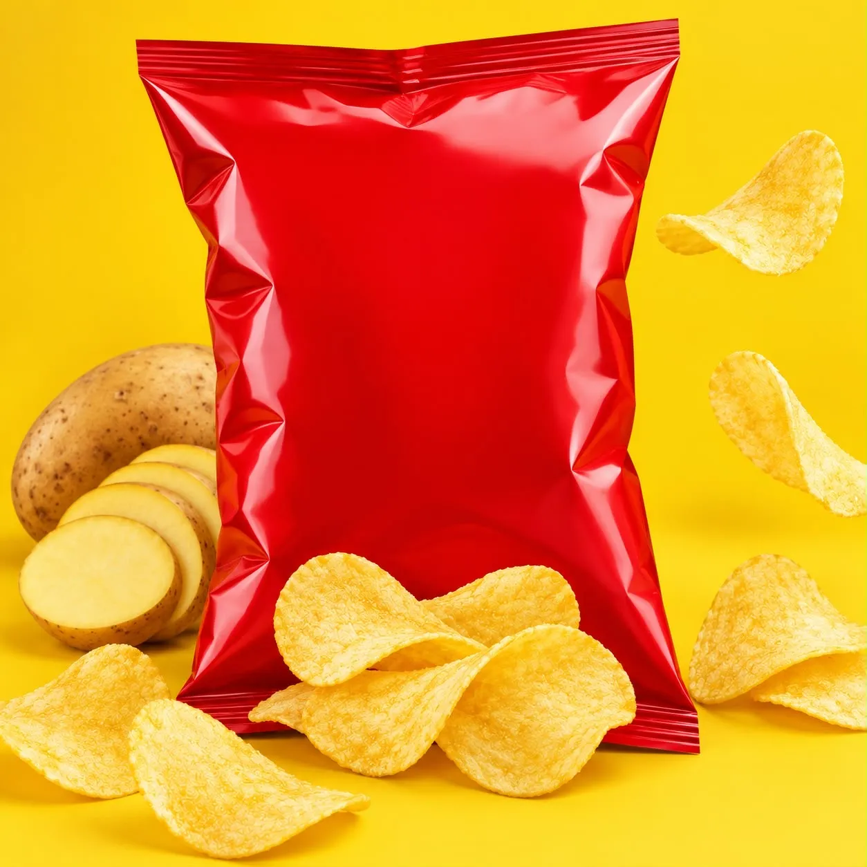 Bolsa de papas fritas rodeada de papas, ilustrando el transporte de papa para la industria de frituras