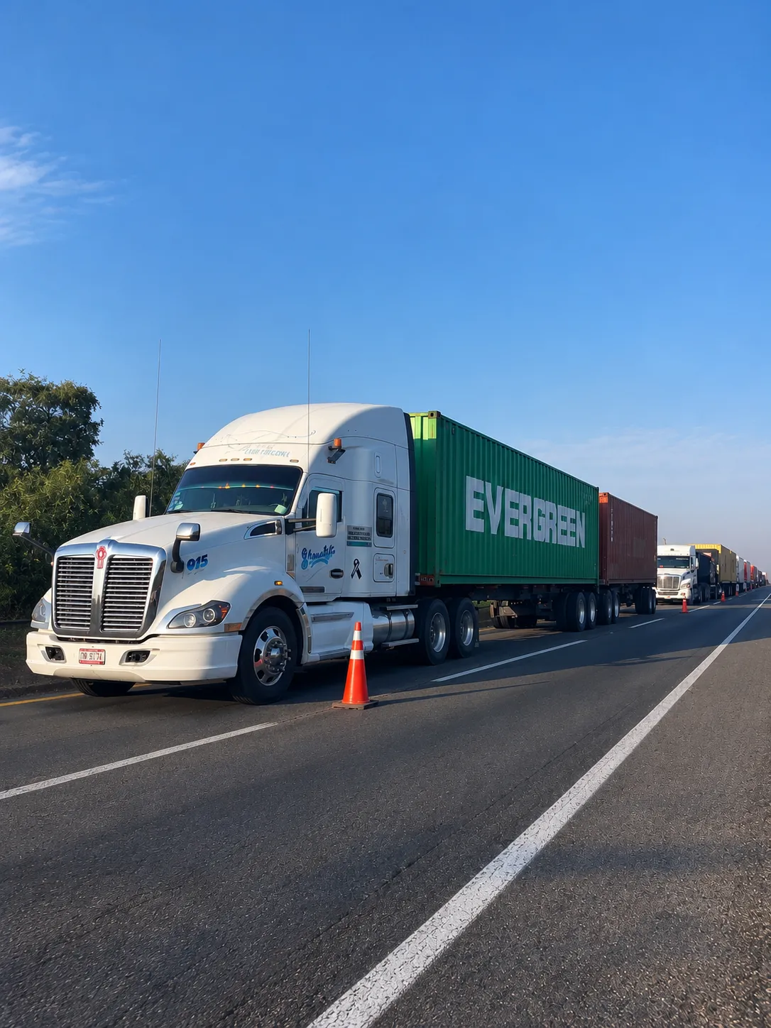 Tractocamión de TRANSEVAN con dos contenedores sobre portacontenedores en carretera